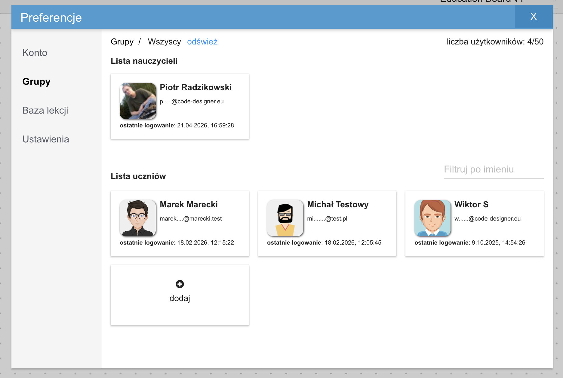 Panel nauczyciela Code Designer IDE