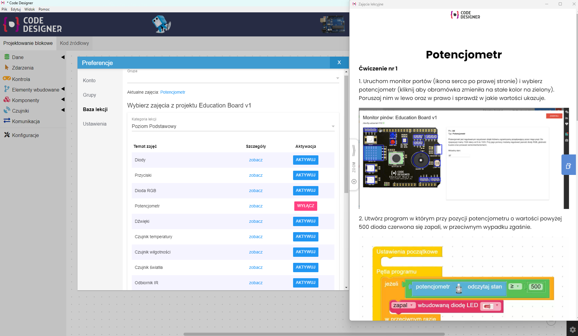 Panel nauczyciela Code Designer IDE