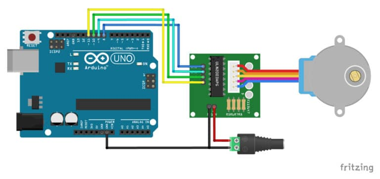 Schemat połączenia ULN2003 oraz 28BYJ-48 silnika krokowego z arduino